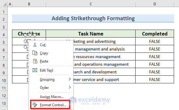 formatting to apply conditional formatting using a checkbox in Excel
