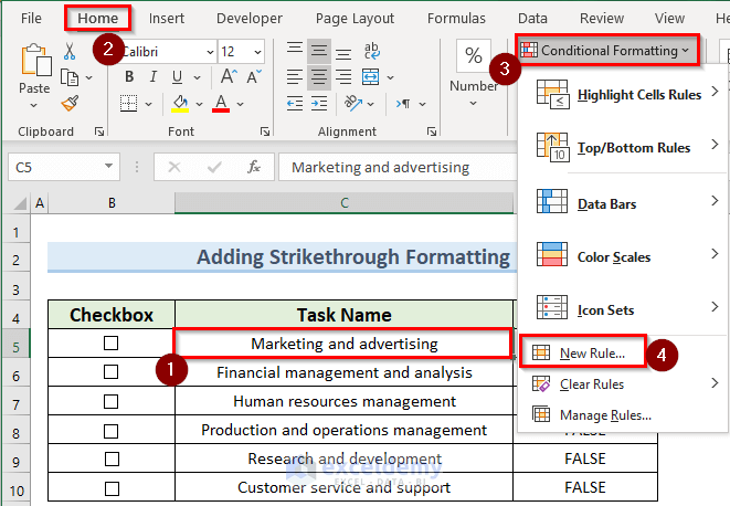 setting new rule to apply conditional formatting using a checkbox in Excel