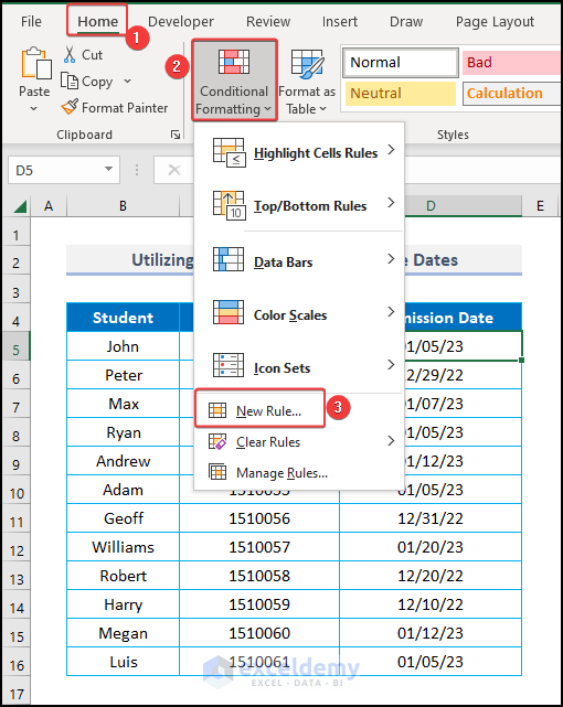 utilizing Multiple Rules to compare dates in excel conditional formatting