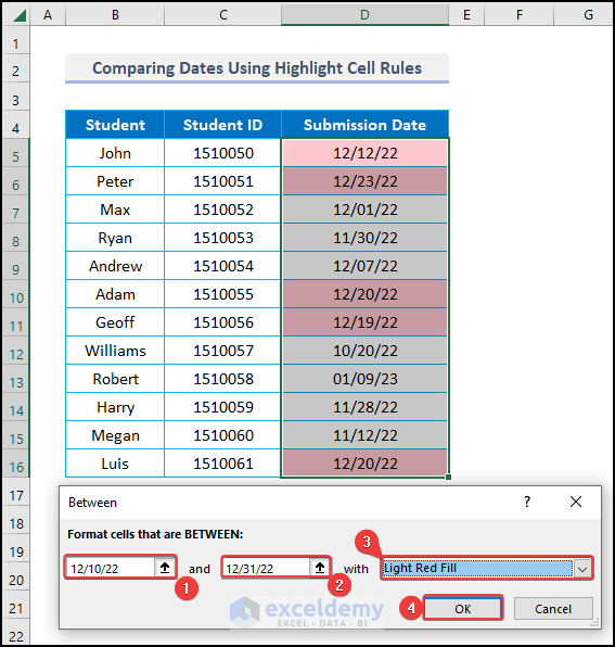 Between window to compare dates in excel conditional formatting