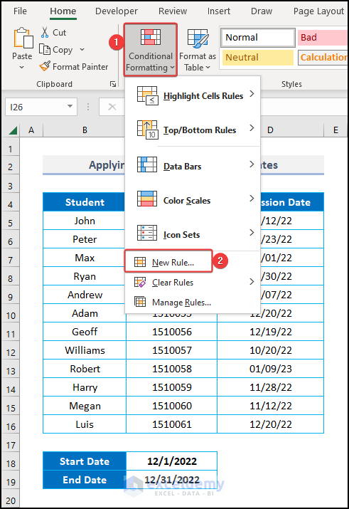 Applying new rule to compare dates in excel conditional formatting