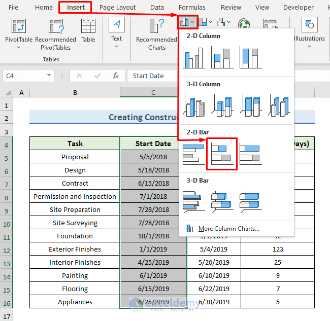 Step-by-Step Procedures to Create Construction Bar Chart in Excel