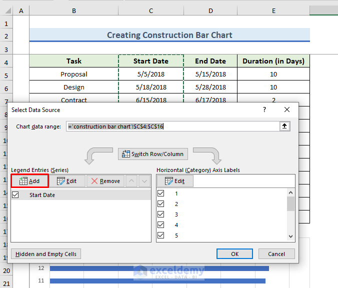 Step-by-Step Procedures to Create Construction Bar Chart in Excel