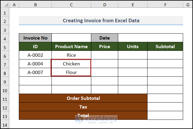 Inserting Formula to Get Product Name in the invoice in excel