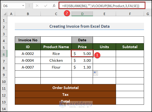 Inserting Formula to Get Price in invoice in excel data