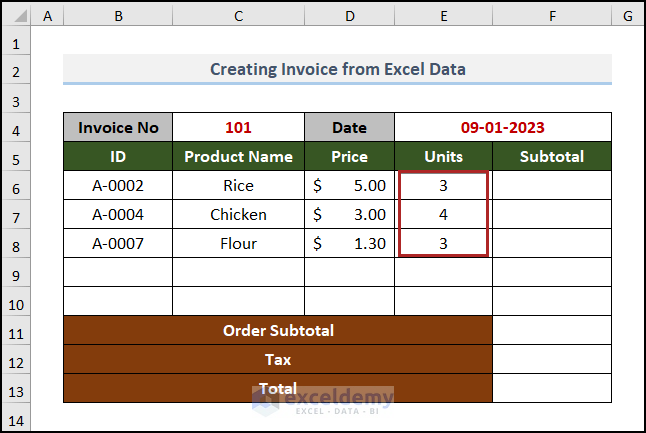 Giving Units data manually in Excel to create invoice