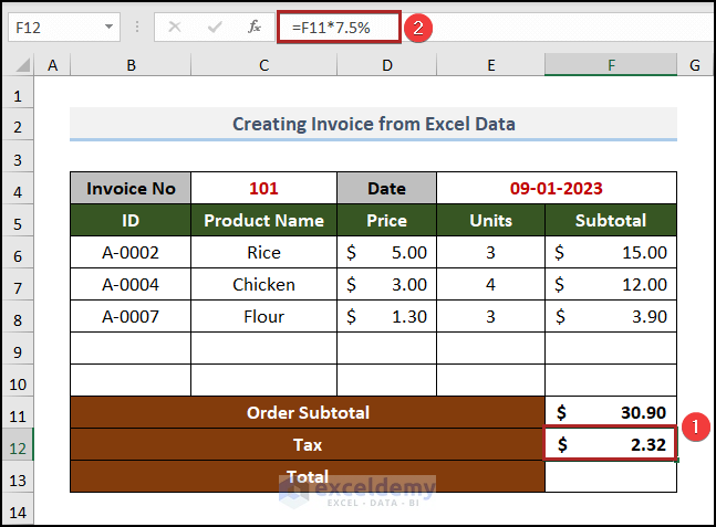 computing Tax amount in invoice in excel
