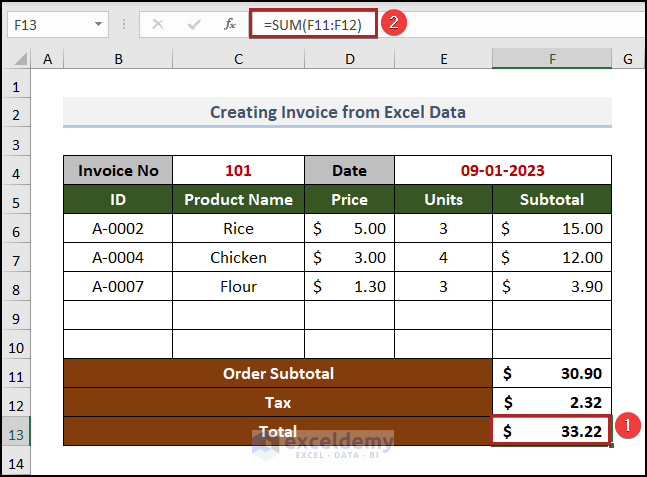 Showing Final Output of invoice data in Excel
