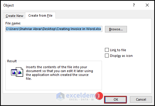 Object dialog box in word