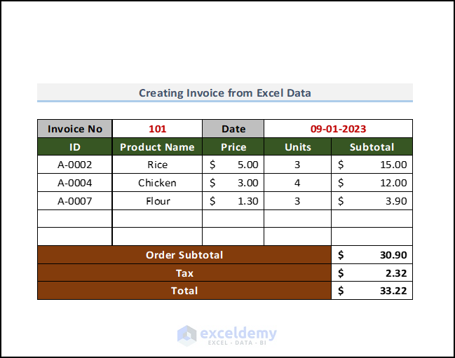 Extracting excel Data to Word to create invoice