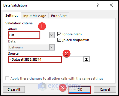 working on data validation dialog box in excel
