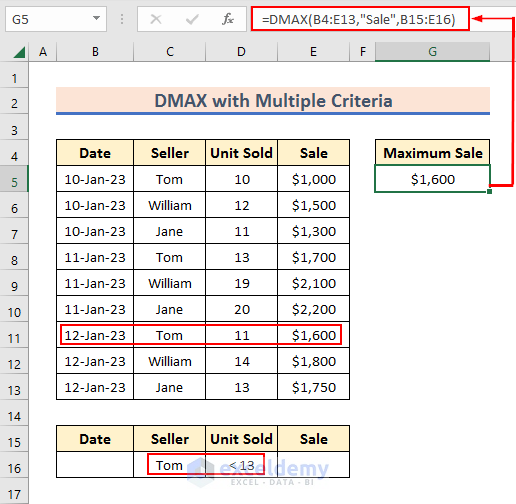 Result Output for DMAX Function with Multiple Criteria