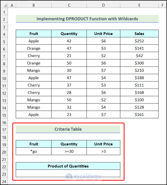 Criteria Table to use DPRODUCT function with wildcards in Excel