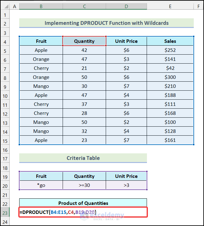 Using DPRODUCT function with wildcards in Excel