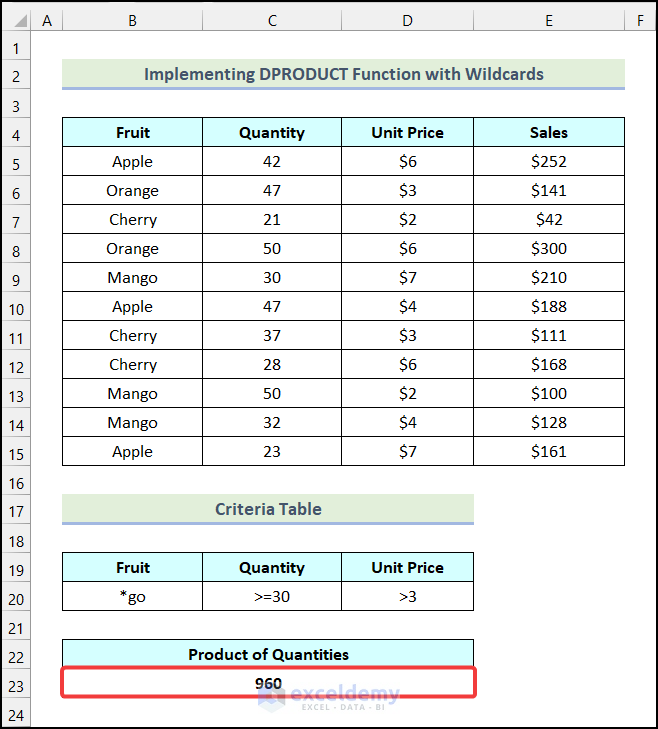 Output got in cell B23 by using DPRODUCT Function with wildcards in Excel