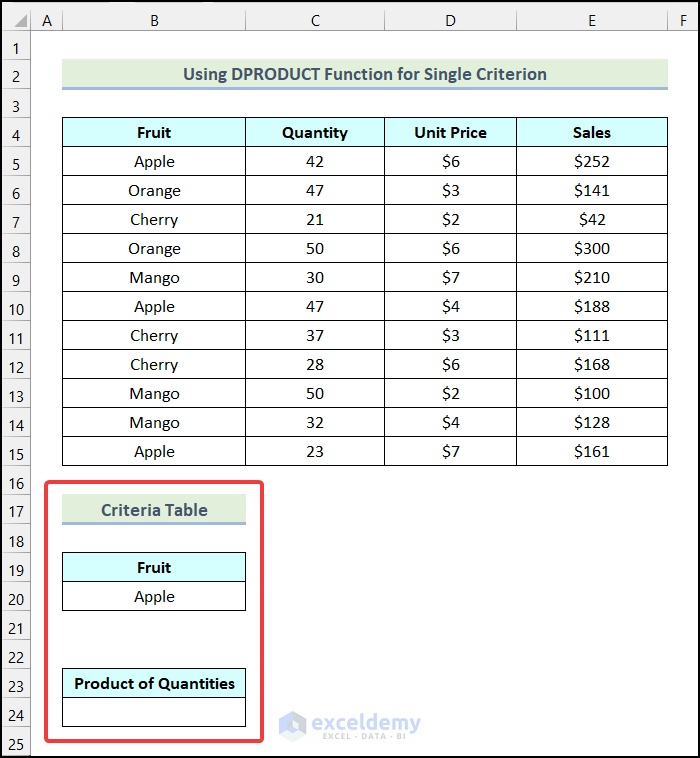 Creating Criteria Table to use DRPODUCT Function for single criterion