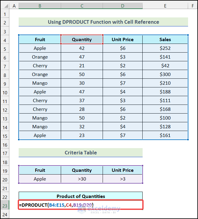 Using DPRODUCT function in Excel with cell reference as field criteria 