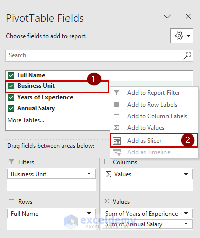 adding a slicer to the pivot table