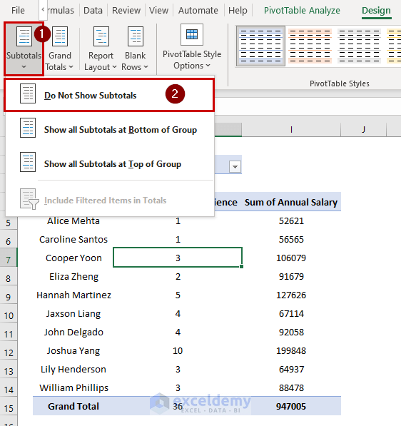 clearing off the subtotals from the pivot table