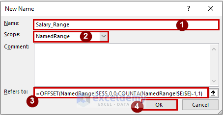 creating another named range by filling up another New Name dialog box