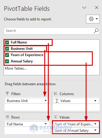 filling up PivotTable Fields