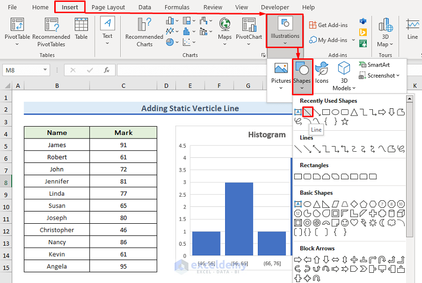 Add vertical line to histogram in Excel using Shapes