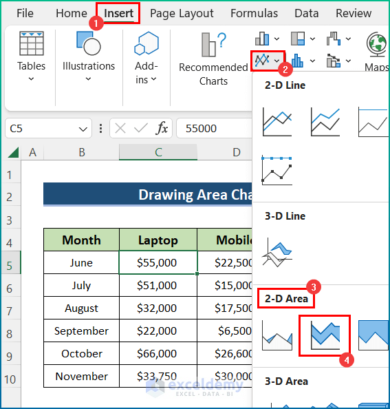 Draw Area Chart in Excel
