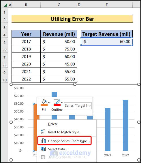 Changing Series Chart Type to Create Bar Chart with Target Line in Excel