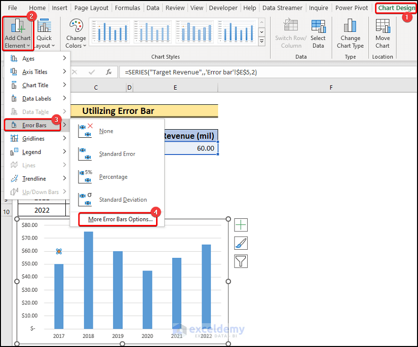 Selecting Error Bars Option to Create Bar Chart with Target Line in Excel