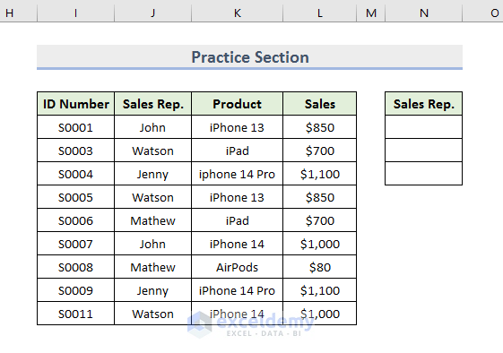 Showing Practice Section in Workbook