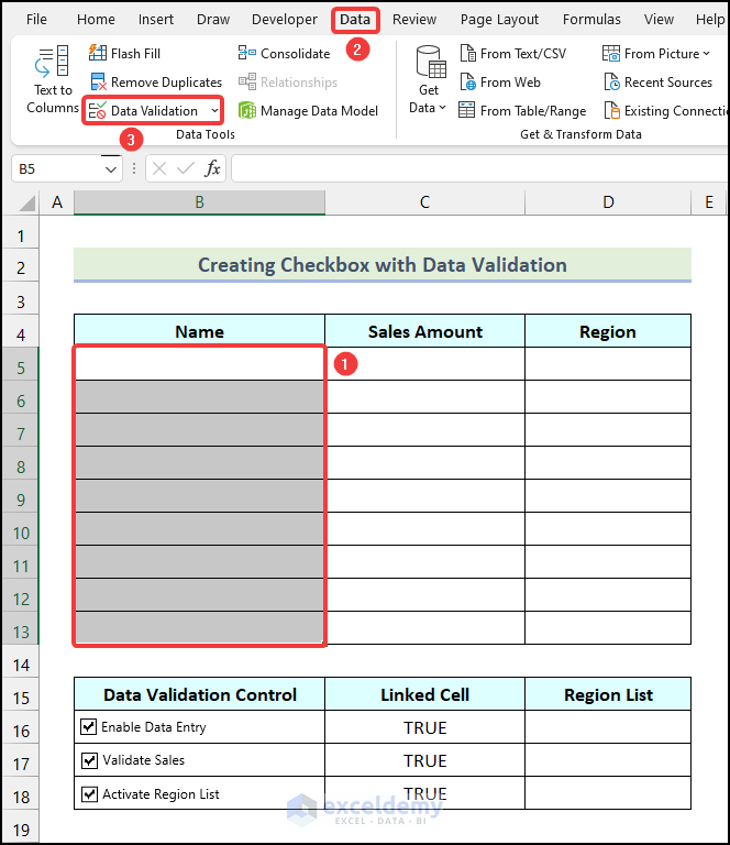 Using the Data tab to create checkbox with data validation in Excel