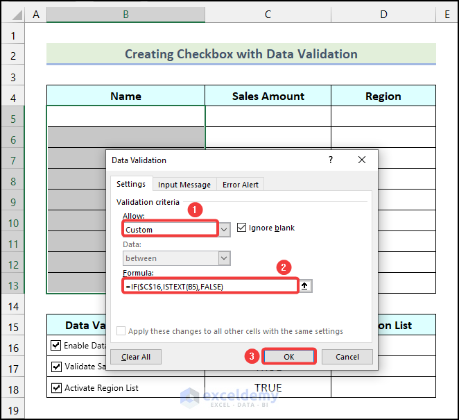 Formula applied to create Checkbox with Data Validation in Excel