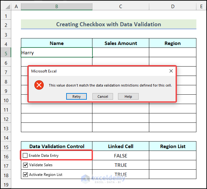 Error message shown by excel after unchecking Enable Data Entry Checkbox