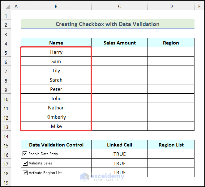 Outputs obtained in the Name column using checkbox with data validation in Excel