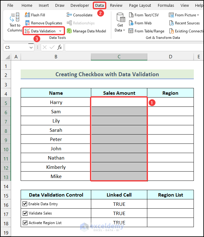Using the Data Validation option for the Sales Amount column