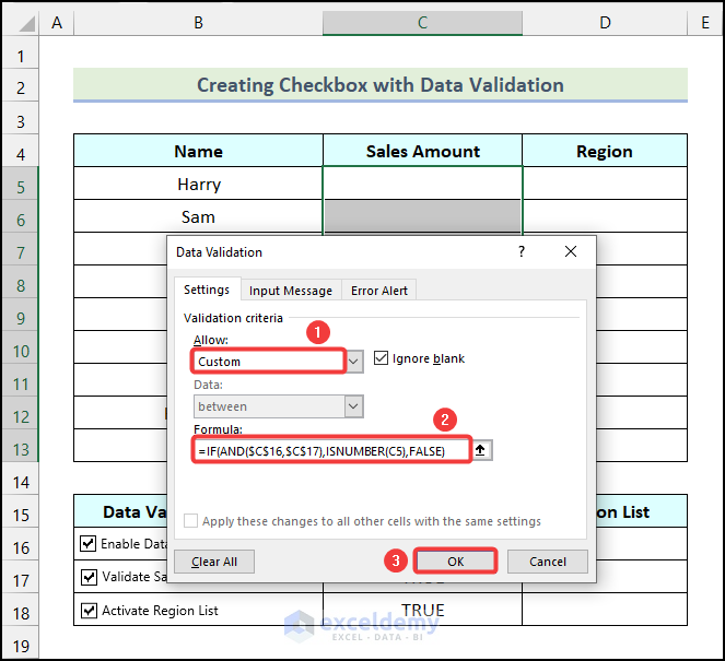 Applying formula to create checkbox with data validation in Excel