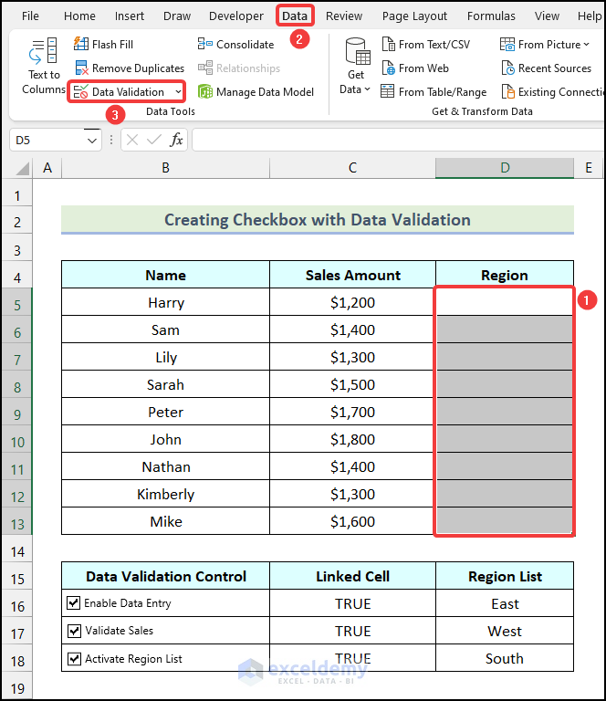 Using the Data Validation option for the Region column