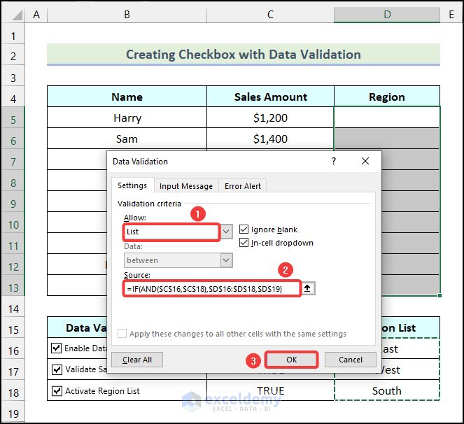 Applying formula to create checkbox with data validation in Excel