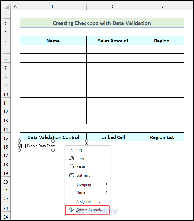 Using the Format Control option to link cell with checkbox in Excel