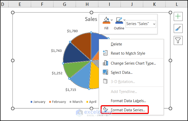 Using Format Data Series for doughnut Chart labels outside in Excel