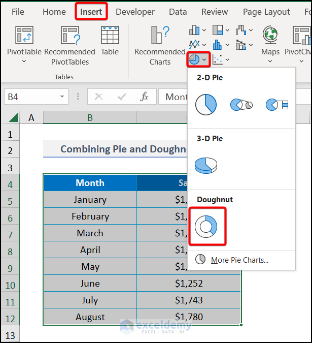 Inserting Doughnut Chart to labels outside in Excel