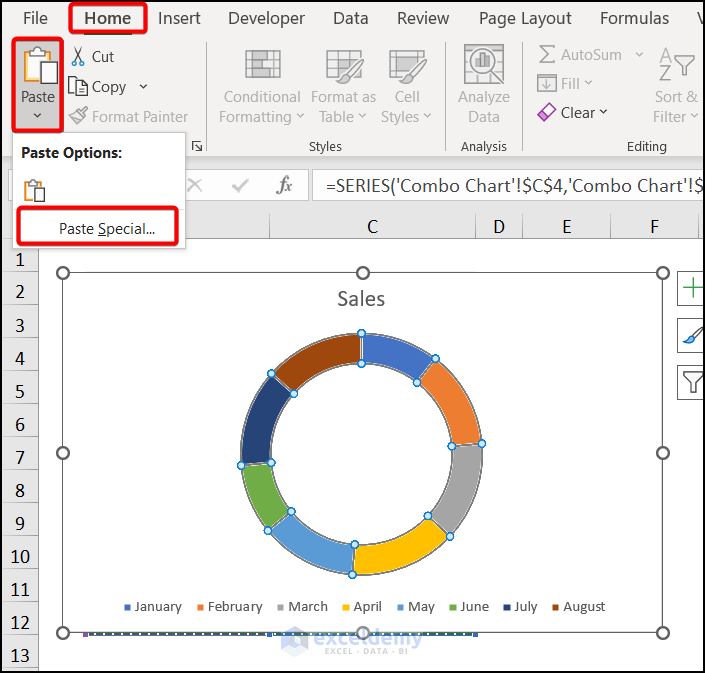 Using Paste Special command to insert doughnut chart labels outside in Excel
