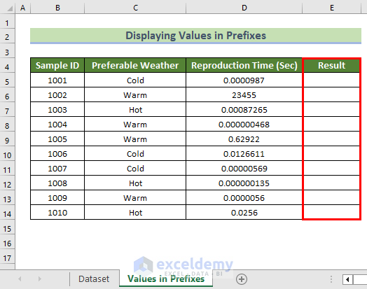 Selecting Cells for Displaying Values in Prefixes