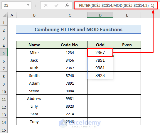 Combine FILTER and MOD Functions to Find Odd or Even Numbers in Excel