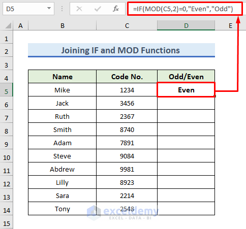 Join Excel IF and MOD Functions to Build Formula for Odd or Even Numbers