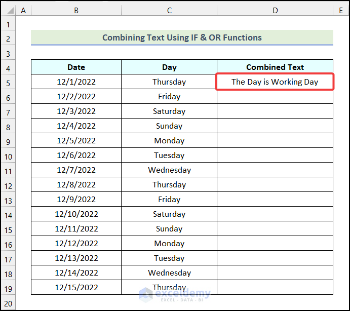 Output obtained after using IF & OR function to combine text in Excel