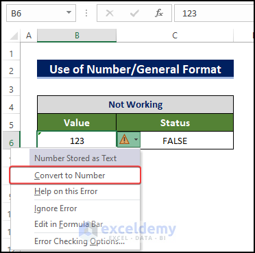 Convert cell format from the warning drop down menu