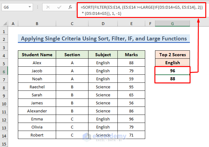 Result of Filtering Top 2 Values Using LARGE Function Based on Single Criteria