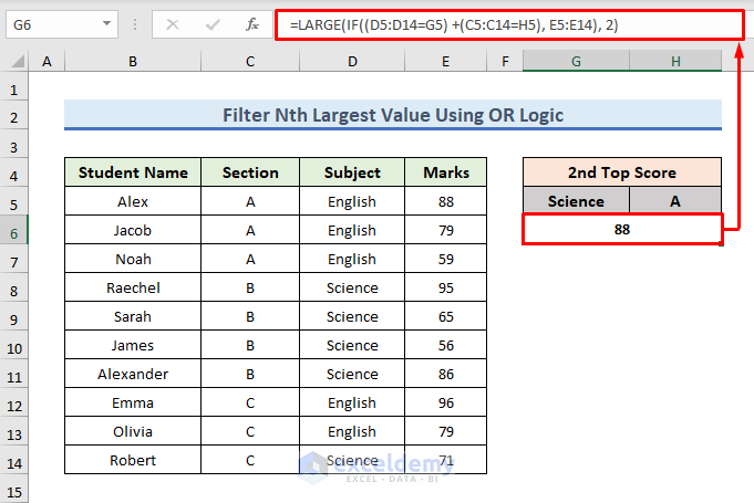Formula for Filtering 2nd Largest Value Using Multiple Criteria Combining with OR Logic