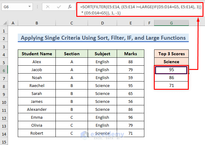 Formula for Applying Single Criteria Using SORT, FILTER, IF, and LARGE Functions in Excel